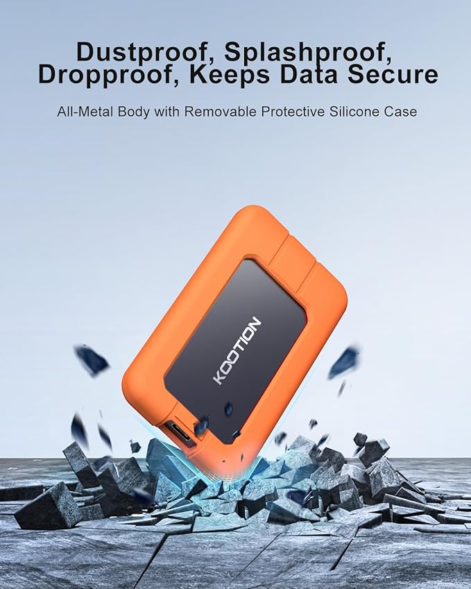 KOOTION 512GB Portable SSD USB 3.2 External SSD USB-C Up to 2000MB/s USB 3.2 Gen 2x2 Portable Solid State Drive with Protective Case Shockproof Type-C External Solid State Drive, Orange