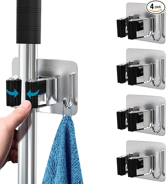 Mop Broom Holder No Drill, Mop Broom Organizer Wall Mounted Heavy Duty with Hooks Hanger, Self Adhesive Stainless Steel 4Pcs for Bathroom, Kitchen, Office (Multicolor)