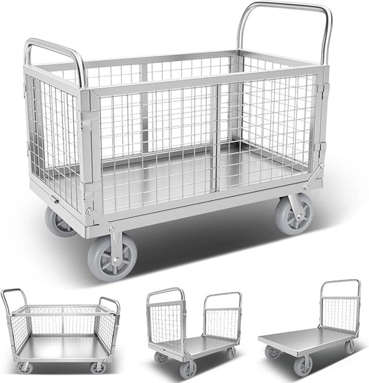 Platform Truck Cart with Cage, 6 in1 Foldable Flatbed Cart Heavy Duty Push Cart Dolly W/Swivel Wheels 1800lbs Capacity Multipurpose Hand Cart for Grocery/Laundry/Stall/Storage