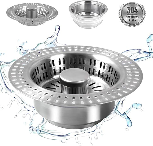 3 in 1 Kitchen Sink Drain Strainer Stopper, Stainless Steel Pop Up Sink Stopper with Anti-Clogging Basket Strainer Width 3.07" Height 1.77 for Deep Sink (Silver)