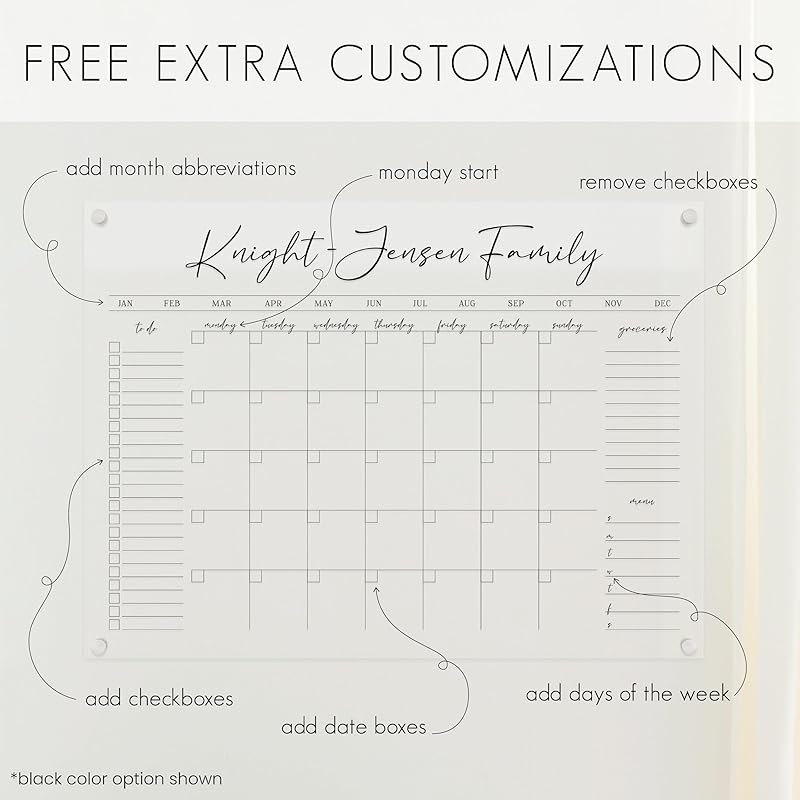 Personalized Clear Acrylic Calendar for Wall, Calendar Whiteboard for Wall, Dry Erase Wall Calendar, Wall Calendar Organizer System for Home (Cursive, Navy, 23"W x18.5"H)