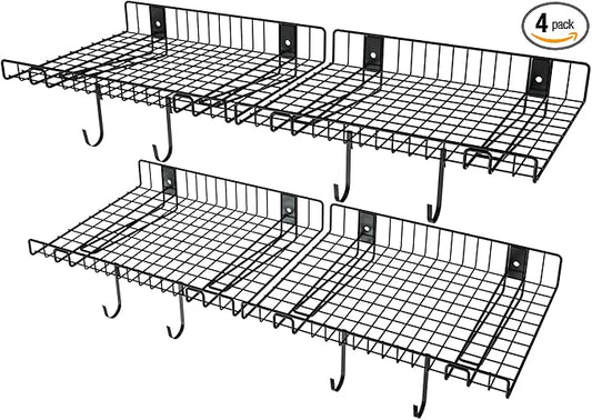 4 Pack Garage Wall Shelf, Wall Mounted Storage Shelves, Heavy Duty Metal Shelves for Room Wall, Loads 260 LBS Floating Shelves Mesh Storage Rack for Garage, Office, Basement,Wall Cabinet and Kitchen