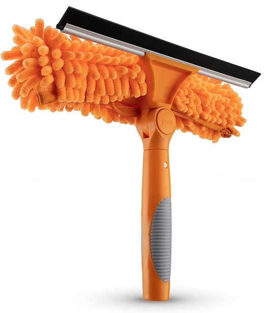 Window Squeegee and Microfiber Scrubber 2-in-1 Combo // Multi-Angle Window Cleaning Tool // Window Washing Equipment for Solar Panel and RV Windshield // Threaded Window Cleaner (pole sold separately)