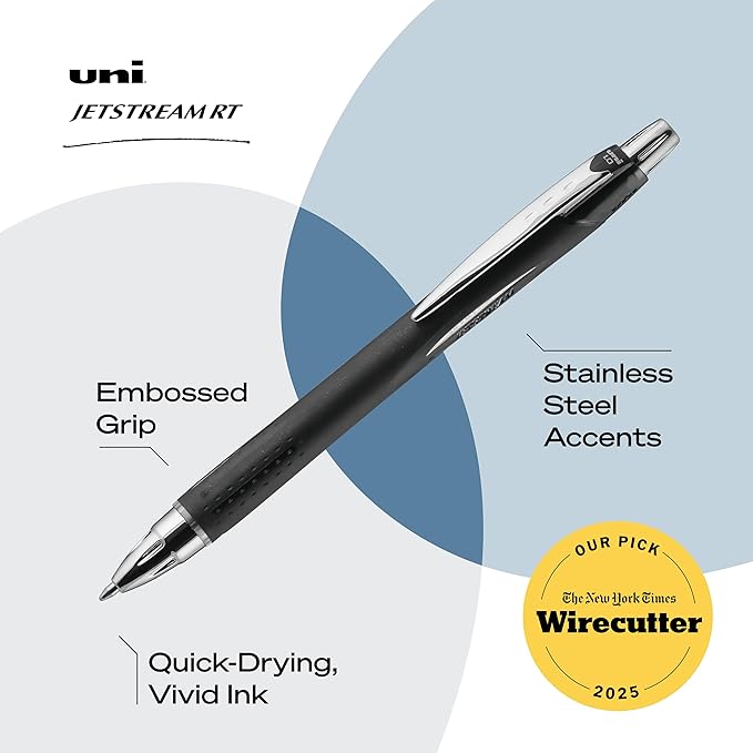 Uni-Ball Jetstream RT 3 Pack, 0.7mm - Black, Blue and Red Ballpoint Pens - Wirecutter Best Pen, School Pens, Ballpoint Ink Pens - Ballpoint Pen, Colored Pens, School Supplies, Smooth Writing Pens