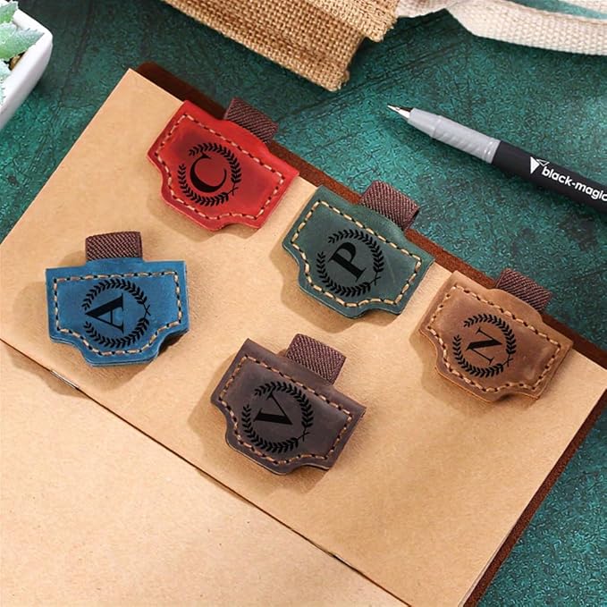 Custom Bookmark with Pen Holder with 26 Letters Personalized Magnetic Leather Book Mark, Customized Name Book Marker Clip with Initial for Men Women, Gifts for Book Lovers, Readers, (Blue, L)