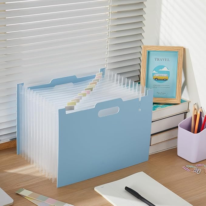 2-Piece Accordion Folder Manager, 12 Grid Expansion Pages, Portable Monthly Bill and Receipt Manager That Opens Upright, Colored Labels, School, Home, and Office letterhead/A4 Size, Sky Blue