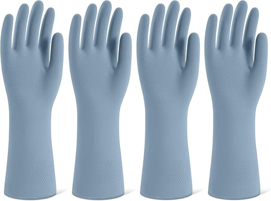 Rubber Cleaning Gloves for Dishwashing, 4 Pairs Reusable Kitchen Gloves for Washing Dishes and Household Cleaning, Blue Dish Gloves with Flocked Lining and Non-Slip Grip, Pefect for Woman Men - S