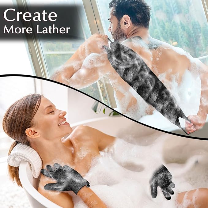 Anezus Exfoliating Back Scrubber Bath Gloves Set, Exfoliating Shower Towel with Shower Gloves for Body Scrub, Back Cleaner Wash Gloves to Remove Dead Skin (Black)