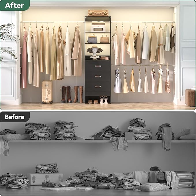96'' Closet Organizer System with 3 Hanging Rods (Without 3 Storage Shelves), 8FT Closet Systems, Wall Mount Bedroom Wardrobe with 3 Wood Drawers, Adjustable Garment Rack from 5 to 8FT, Black