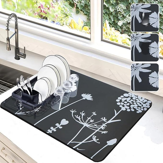 Dish Drying Mat for Kitchen Counter, 12"x19"Dish Drying Pad with Non-slip Rubber Backed, Hide Stain Anti Absorbent for Kitchen Counter, Drying Mat for Coffee Machine Dish Rack (Gray Daisy)