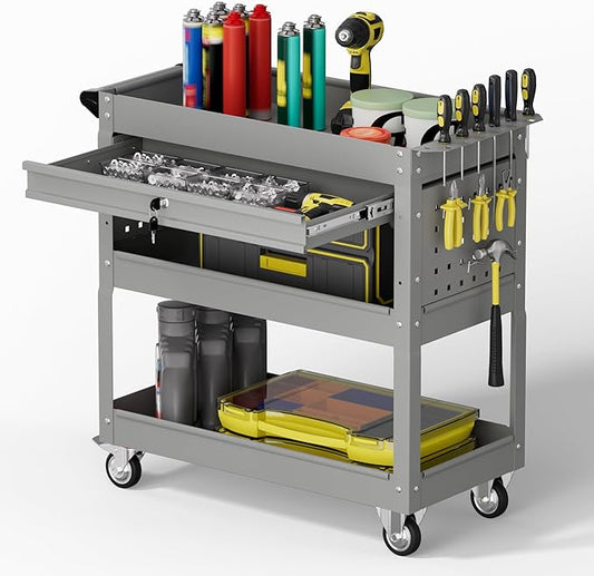 3 Tier Rolling Tool Cart with Drawers, 450 LBS Capacity Tool Cart on Wheels, Heavy Duty Rolling Utility Cart with Drawers, Rolling Utility Carts for Garage, Warehouse and Repair Shop,Gray