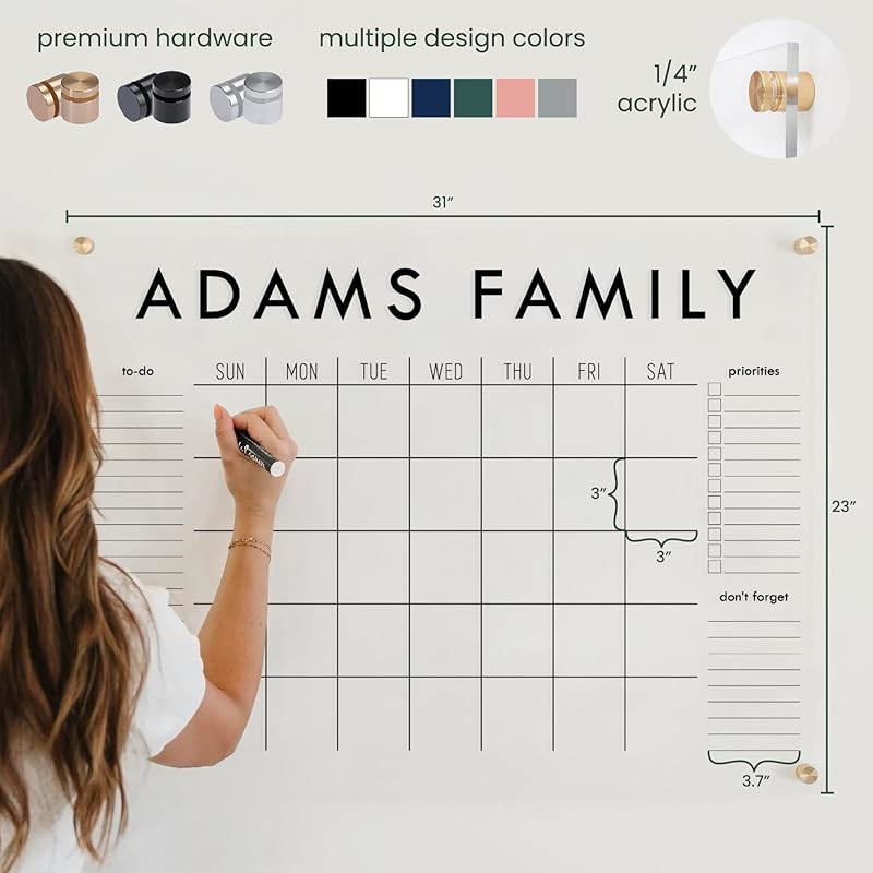 Personalized Clear Acrylic Calendar for Wall, Calendar Whiteboard for Wall, Dry Erase Wall Calendar, Wall Calendar Organizer System for Home (Block, Black, 31"W x 23"H)