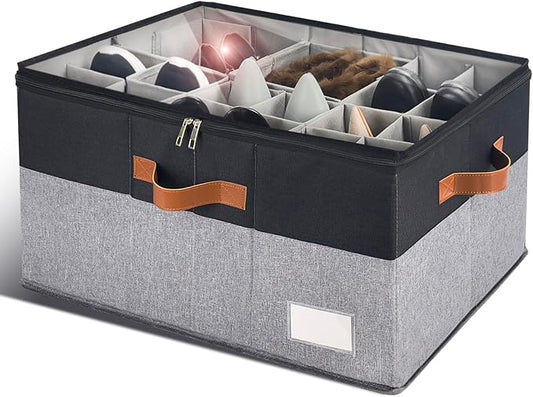 Shoe Organizer for Closet, Foldable Shoe Storage Bins with Clear Cover, Space Saving Shoes Holder with 4 Handles, Large Adjustable Shoe Box Storage Containers, Fits 12-24 Pairs, 1 Pack, Black