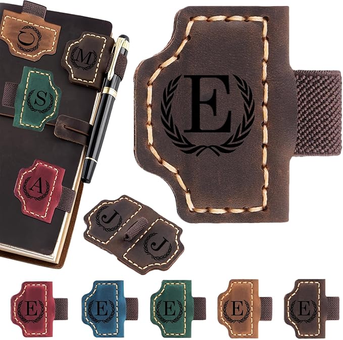 Artlaza Personalized Magnetic Leather Bookmark with Pen Holder - 26 Letters Custom Book Mark with Name Initial Engraved Book Marker for Readers, Book Lovers, Travelers - Gift for Women & Men(Brown，E