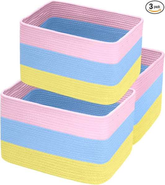 Hopegiver Woven Storage Baskets 15x11x10 Inch, 3 Pack Collapsible Cube Storage Bin for Shelves - Foldable Cotton Rope Organizer Bins for Towels, Toys, Books, Closet, Nursery (Pink Blue Yellow)