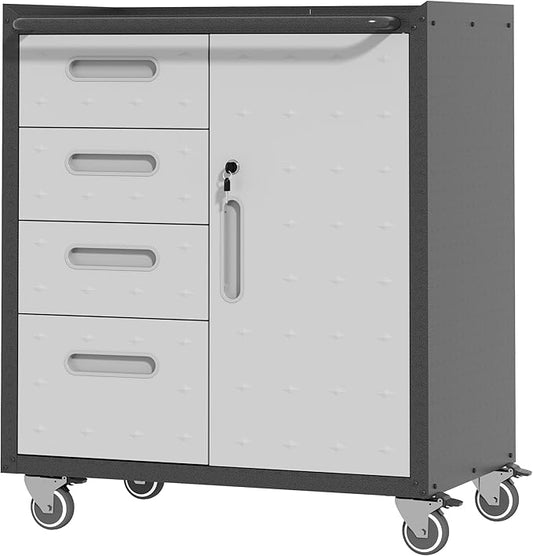 Metal Storage Cabinet with Wheels, Rolling Tool Cabinet with Adjustable Shelve, Locking Garage Storage Cabinet with 4 Drawer and 1 Door for Tools, Assembly Required (Black/Grey)