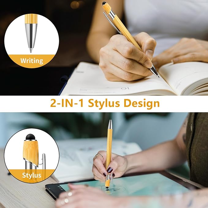 Personalized Pen Bamboo Pen with Stylus -Customizable Text Logo Name, Ballpoint Pens with Black Ink, Personalized Gift Ideas for Office School Business Home(30 Count/Pack)