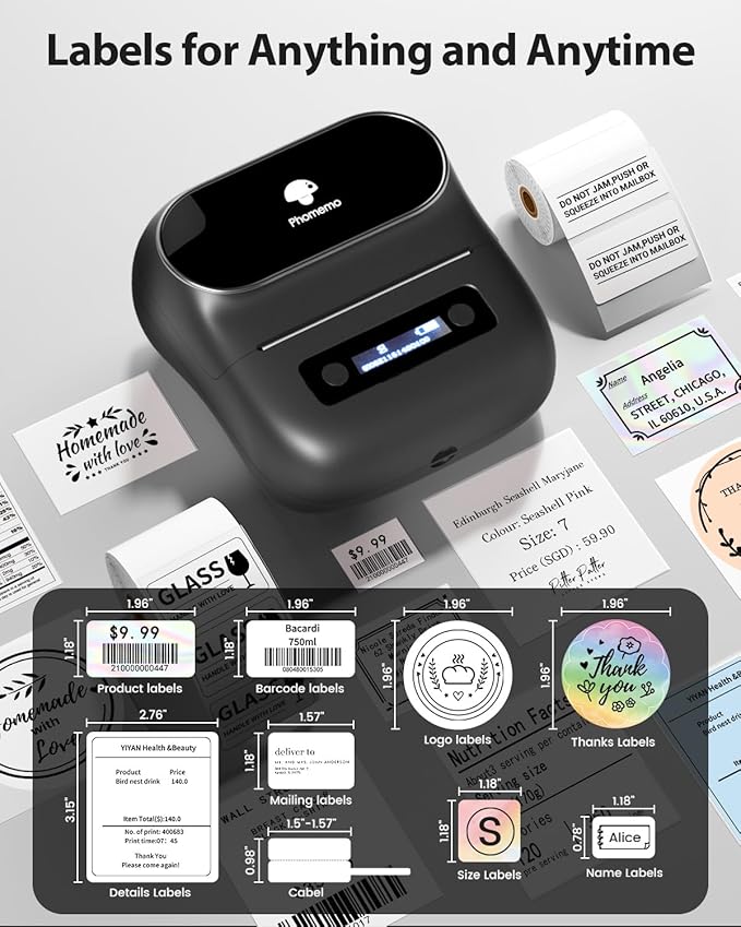 Phomemo Label Maker,M220 Label Printer,3 Inch Bluetooth Thermal Label Maker Machine with 2000+ Icons,300+ Templates & Fonts,for Kids School Items,Small Business,Large Sticker
