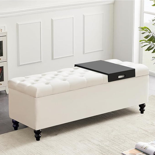 Living&Giving Storage Ottoman 50.2 Inches Upholstered Fabric Storage Ottoman Bench，Button Tufted Ottoman with Storage for Living Room，Bedroom End of Bed Bench Withstands 304lbs (Ivory-TP)