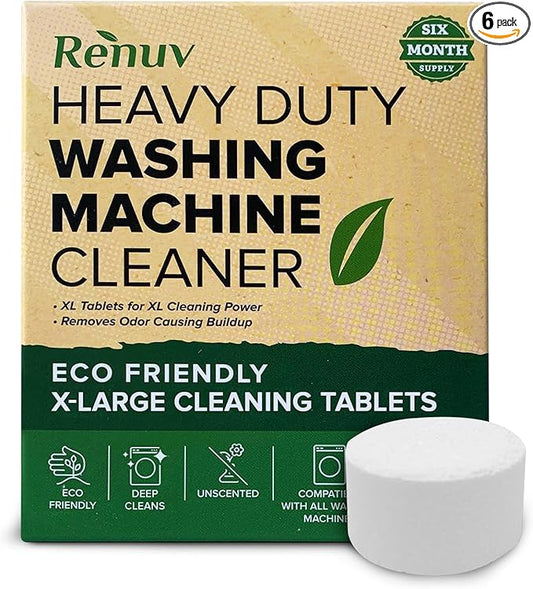 Renuv Heavy Duty Washing Machine Cleaner Descaler Tablets - Deep Cleaning for Front Load or Top Load Washer, 6 Pack