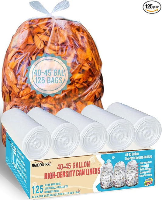 40-45 Gallon Lawn & Leaf Trash Bags, 125 Count Bulk, Heavy Duty Clear Plastic Recycling Bags, Multi-purpose Garbage Bags for Home Commercial, Outdoor, Construction, Industrial