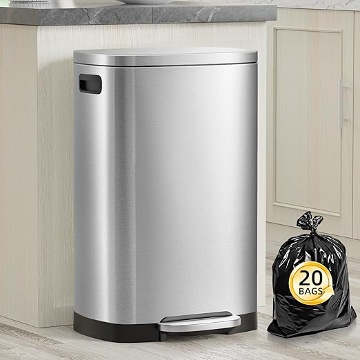 13 Gallon Trash Can with Lid, 50L Fingerprint Proof Stainless Steel Kitchen Trash Can with Removable Inner Bucket and Lid Soft Close, Pedal Rubbish Bin for Home Office