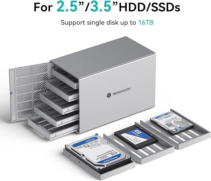 Yottamaster 5 Bay External Hard Drive Enclosure, Aluminum USB3.0 3.5" HDD Enclosure for 3.5 & 2.5 Inch SATA HDD/SSD, Support 90TB(5x18TB) Direct Attached Storage DAS, Non-RAID [PS500U3]