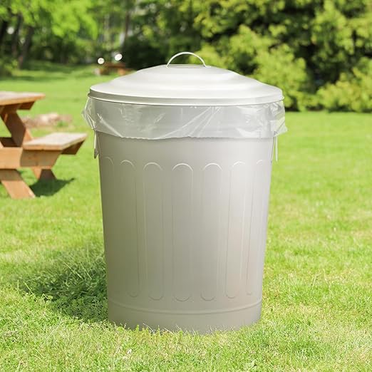 Plexon Round Trash Can 13 Gallon, Vintage Metal Outdoor Trash Can with Lid, Retro Farmhouse Garbage Container, Old School Modern Ash Bucket, Beige