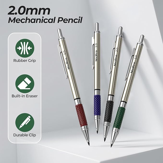 Nicpro 4 PCS Premium 2.0 mm Mechanical Pencils Set, 108 Colored & Black (HB 2B) Lead Refills, Art Metal 2mm Carpenter Pencil with 2 Erasers, 2 Sharpeners for Drafting Sketching Drawing with Case