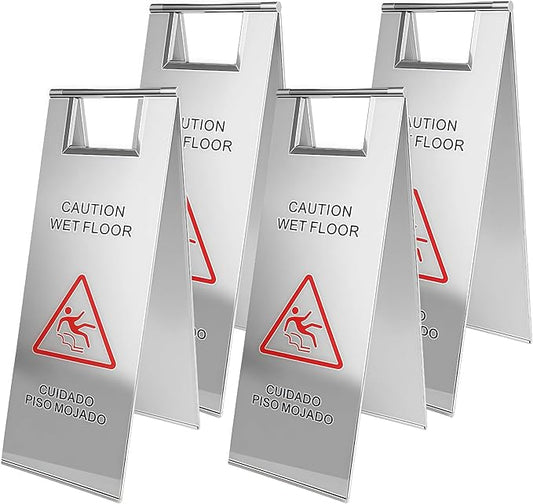4 Pcs Stainless Steel Wet Floor Caution Sign, 24 Inch Portable Handle Bilingual Signaboard, Commercial Use Foldable Wet Floor Sign for Kitchen, Restaurant, Shop, Silver