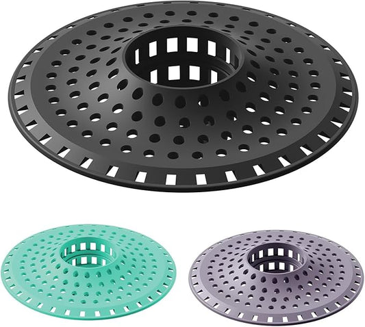 Shower Hair Drain Catcher, Silicone Bathtub Drain Hair Catcher Strainer, All-in-one Tub Hair Catcher Drain Protector for 1.48'' to 1.76'' Regular Drains, 3PCS/Black Aqua Purple