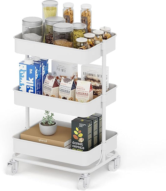 3-Tier Modern Metal Rolling Utility Cart with Silent Casters, 15.35x11.81x23.74 inch Heavy Duty Organizing Cart Trolley Organizer for Office, Living Room, Kitchen，(White)
