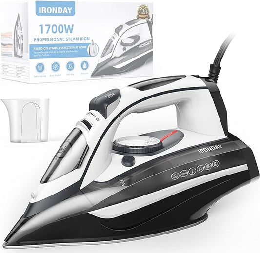 Steam Iron for Clothes Rapid Heating, 1700W Iron with Non-Stick Ceramic Soleplate, 3-Way Auto-Off, Burst of Steam, Self-Cleaning, 14.07oz Water Tank Ironing Clothes for Home, Grey