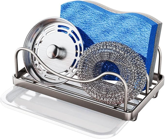 Consumest Sponge Holder for Kitchen Sink - Movable Sink Caddy for Countertop Organizer, 304 Stainless Steel Sponge Holder with Detachable Drip Tray for Kitchen Accessories, Sand Nickel