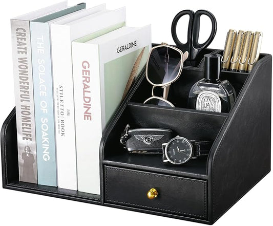 KINGFOM PU Leather Desk Organizer, Multifunction 6 Compartment Desk Organizers and Accessories for Office Supplies, Pen Pencil Holder/Book Mail Organizer Holder for Desk with Drawer(Black)