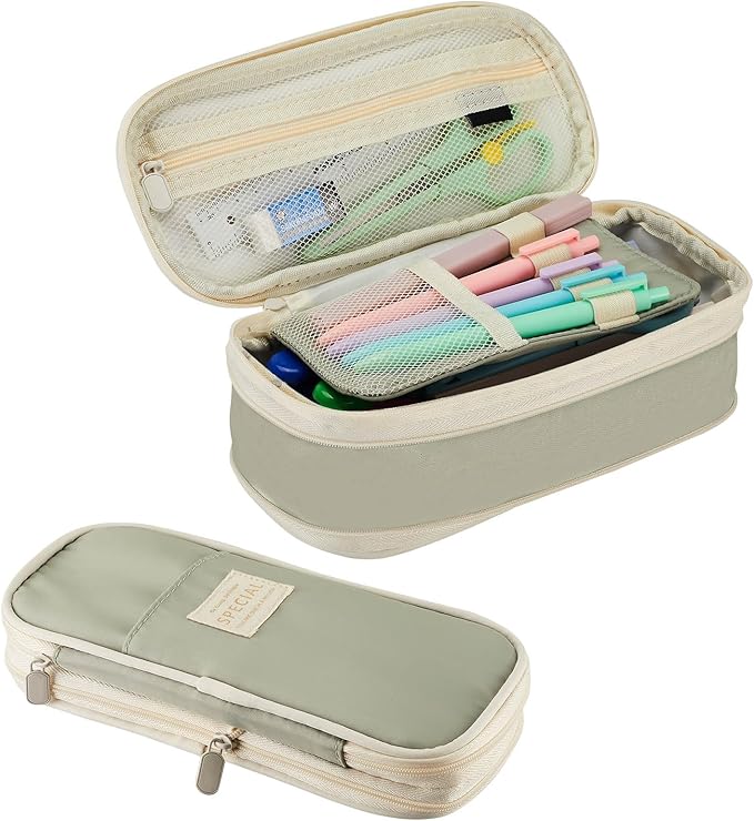 Sonuimy Large Capacity Pencil Case Pouch, Cute Aesthetic Big Capacity Zipper Pencil Cases Pen Portable Office Stationery Makeup Bag, Desk Organizer for College Adults Women Men- Green