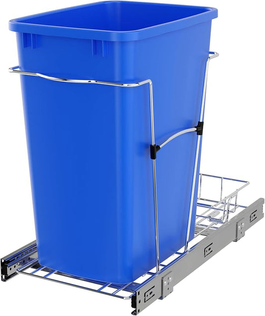 Rev-A-Shelf Pullout Trash Can for Under Kitchen Cabinets 35 Qt Garbage Waste Recyling Bin with Full Extension Slides, Blue, RV-12KD-22C-S