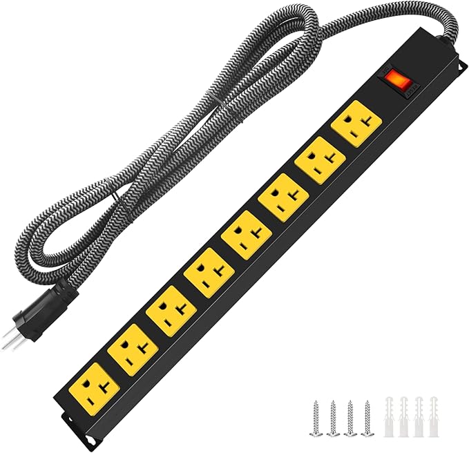 20Amp Power Strip Surge Protector, Durable Metal 8-Outlets with Heavy Duty 20 amp 10Ft 12 Gauge Extension Cord for Garage Workshop & Industrial Use, 1200J