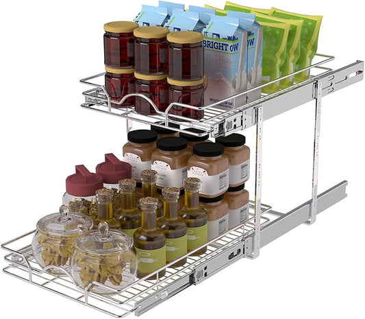 OCG 2 Tier Pull Out Cabinet Organizer (15.5" W x 18" D), Pull Out Drawers for Kitchen Cabinets, Pull Out Shelves for Base Cabinet Organization in Kitchen Bathroom Pantry, Chrome Finish