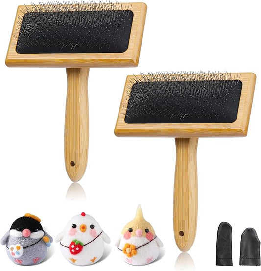 2 Pcs Large Wooden Wool Carders, Needle Felting Carding Brushes Tools with Finger Cots, Wool Needle Felting Brushes for Wool Felting, Spinning Crafts, Pet Grooming