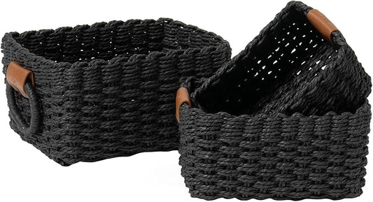 LA JOLIE MUSE Small Wicker Baskets for Organizing, Recycled Paper Rope Storage Basket Container Bins for Shelves Bathroom Cupboards Drawer, Decorative Square Basket Organizer Set of 3, Black
