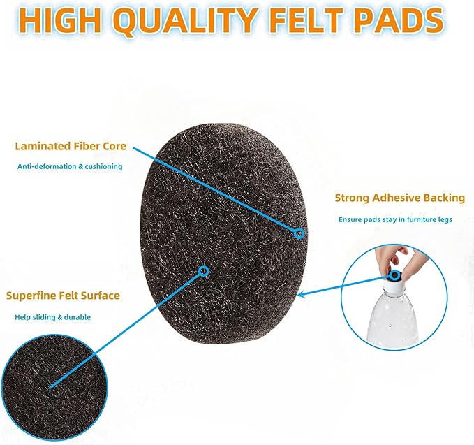 Furnigear Felt Furniture Pads for Hardwood Floors - Self Adhesive Chair Felt Pad, Floor Protector for Furniture Feet, Furniture Sliders Moving Furniture Smoothly, Anti Scratch 108 Pcs 5/8" Round Brown