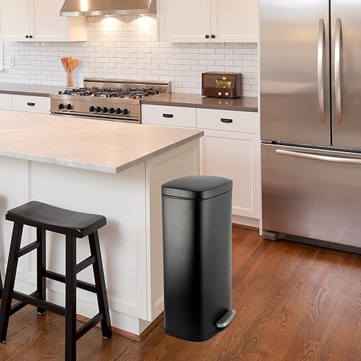 AthLike Trash Can, Stainless Steel Kitchen Garbage Can, Step Waste Bin with Hinged Lid and Removable Inner Bucket, Soft-Close, Dustbin for Bathroom Bedroom Living Room Home (Black, 13.2 Gal)