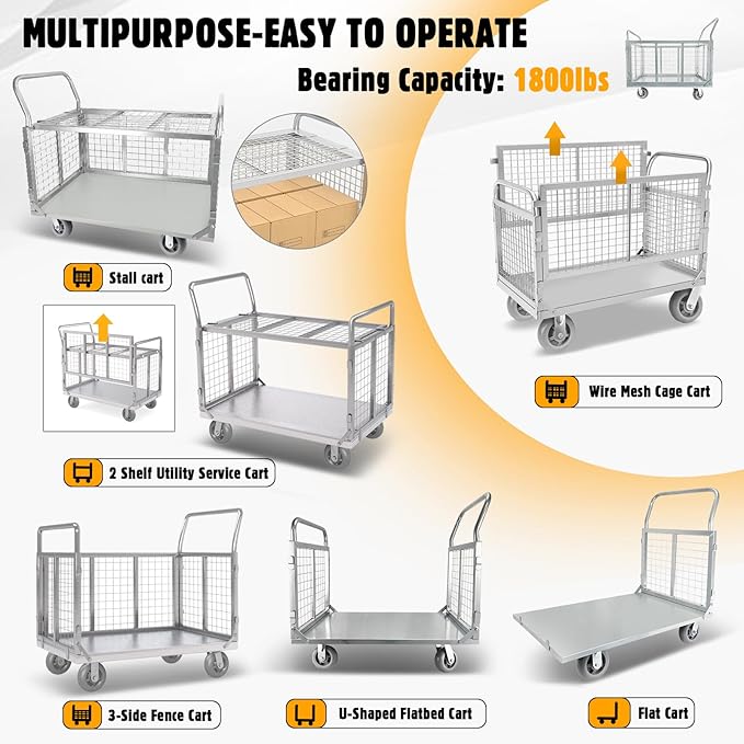 Platform Truck Cart with Cage, 6 in1 Foldable Flatbed Cart Heavy Duty Push Cart Dolly W/Swivel Wheels 1800lbs Capacity Multipurpose Hand Cart for Grocery/Laundry/Stall/Storage