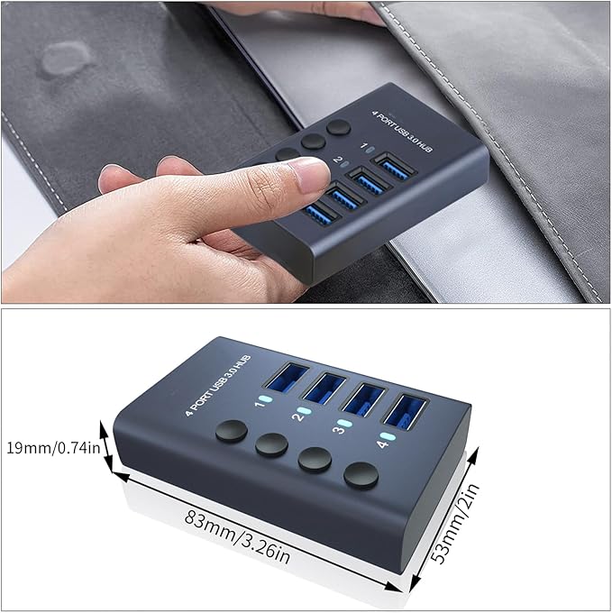 MaxLax 4 Port Aluminum USB 3.0 hub with 4 Port USB Data Transfer,36W (12V/3A) Power Adapter USB Splitter Independent Switch