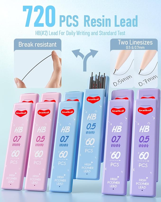 12PCS 0.5 & 0.7 mm Mechanical Pencils Set with Case, Cute Pastel Mechanical Pencil with 720PCS HB Lead Refills, 3 Erasers, Aesthetic Back to School Supplies for Student Writing Drafting