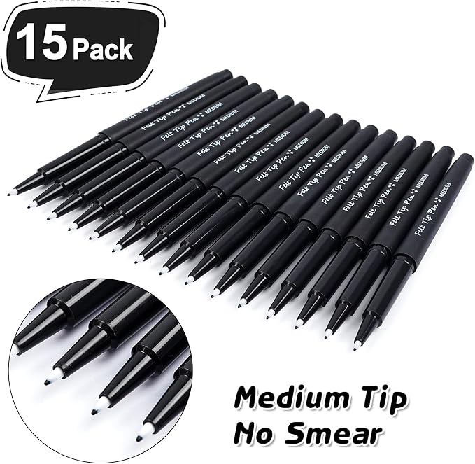 Lelix Felt Tip Pens, 15 Black Pack, 0.7mm Medium Point, Felt Tip Markers Pens for Journaling, Writing, Note Taking, Planner, Perfect for School Office and Art Supplies