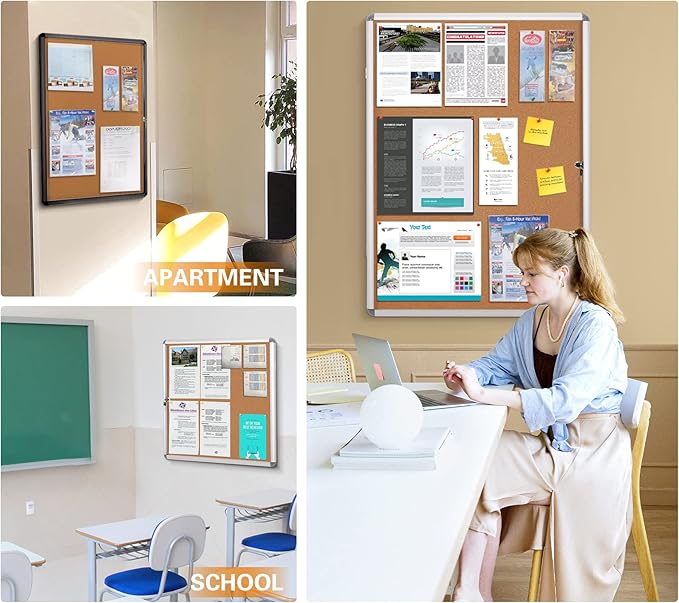 SWANCROWN Locking Bulletin Board Tamper-Proof Notice Board Cork Display Case Wall-Mounted for K12 Office Dentists, 38x14 inch