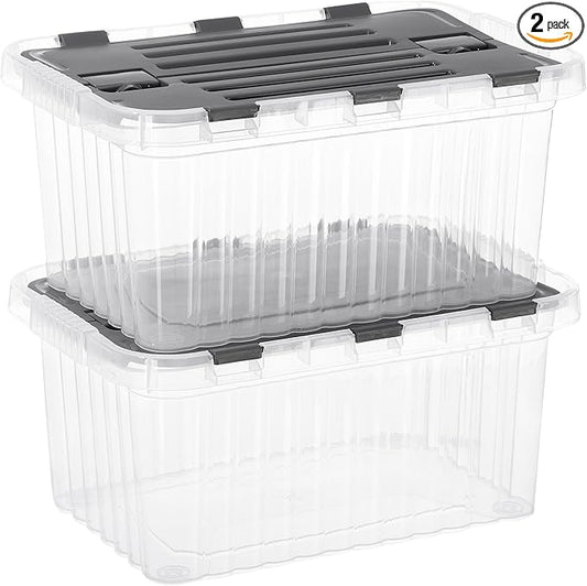 Superio Clear Storage Boxes with Attached Lids, Plastic Container Bins with Hinged Lids for Organizing, Stackable Crates, BPA Free, Non Toxic Organizers (2 Pack, 17"x11.65"x8.75")