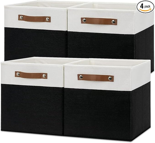 Temary Foldable Storage Cubes Set of 4 - Organizers with Handles, Decorative Storage Boxes for Home, Office (White&Black)
